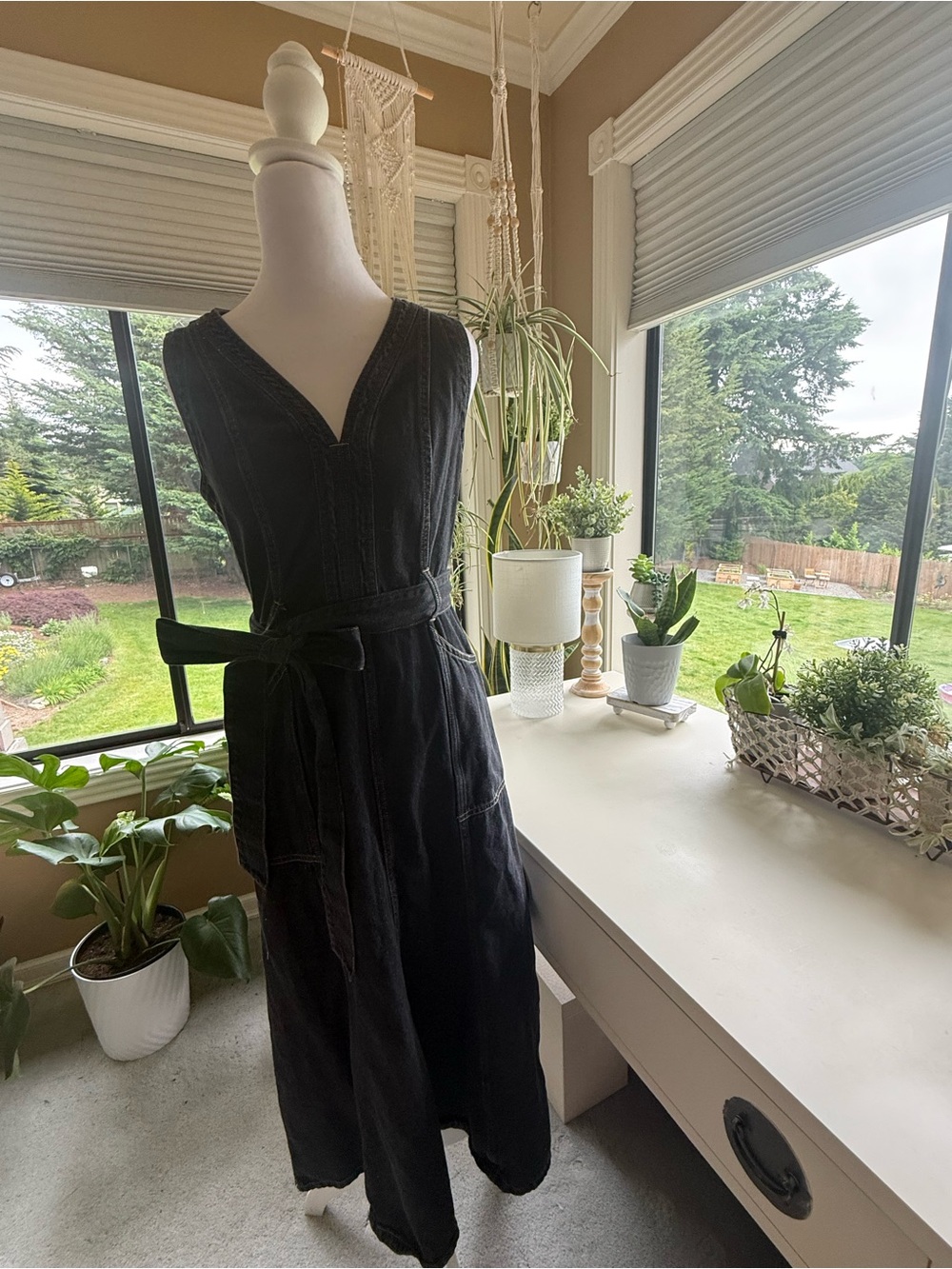 Sundance Black V-Neck Denim Maxi Dress with Waist Tie